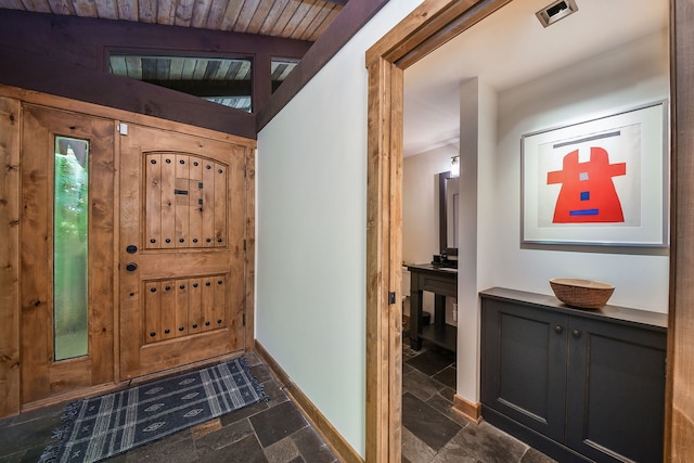 4N650 Pheasant Run Dr, Saint Charles, IL 60175 - foyer entrance with stone tile flooring and wooden ceiling