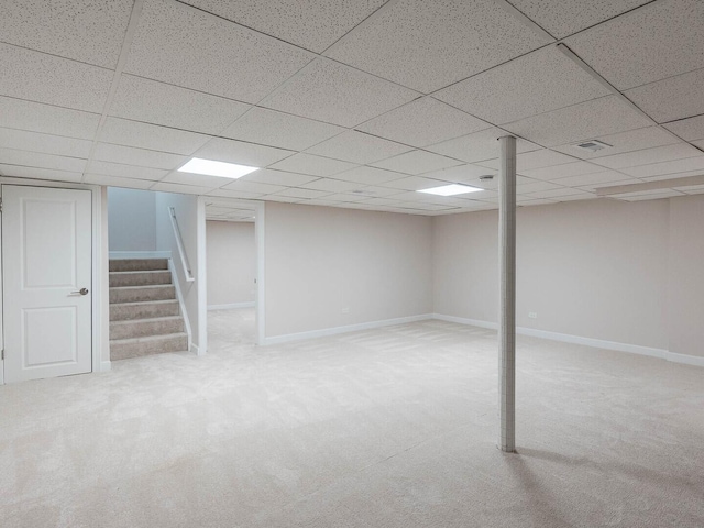 10 Cedar Creek Ct Unit A-10, Palos Heights, IL 60463 - finished basement with stairway, carpet flooring, a paneled ceiling, and baseboards