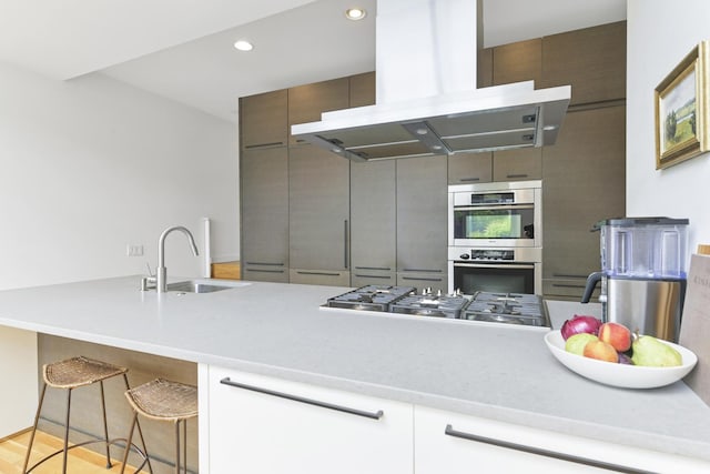 1615 N Wolcott Ave Unit 204, Chicago, IL 60622 - kitchen with island range hood, a sink, stainless steel appliances, light countertops, and recessed lighting