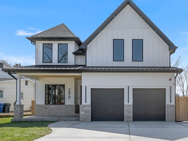 299 Cottage Ave, Glen Ellyn, IL 60137 - modern farmhouse with covered porch, driveway, an attached garage, and a standing seam roof