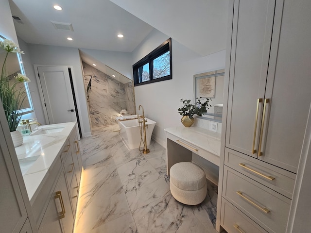 299 Cottage Ave, Glen Ellyn, IL 60137 - full bathroom featuring a marble finish shower, vanity, recessed lighting, a freestanding bath, and marble finish flooring