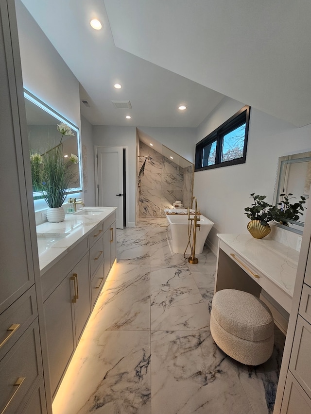 299 Cottage Ave, Glen Ellyn, IL 60137 - full bath featuring a marble finish shower, recessed lighting, vanity, a freestanding tub, and marble finish flooring