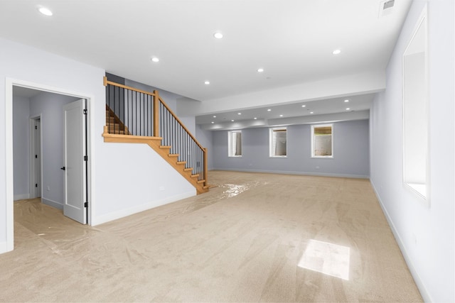 299 Cottage Ave, Glen Ellyn, IL 60137 - unfurnished living room featuring carpet flooring, recessed lighting, stairs, and baseboards