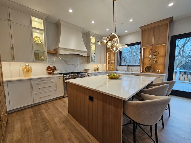 299 Cottage Ave, Glen Ellyn, IL 60137 - kitchen featuring high end stainless steel range, custom range hood, wood finished floors, a center island, and recessed lighting