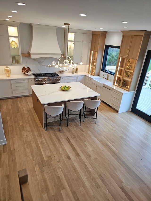 299 Cottage Ave, Glen Ellyn, IL 60137 - kitchen featuring stainless steel range, custom range hood, a sink, tasteful backsplash, and light wood-style flooring