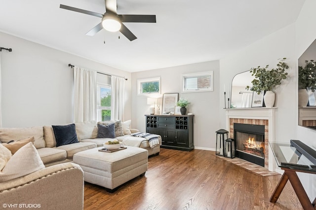 0N611 W Weaver Cir, Geneva, IL 60134 - living area with ceiling fan, a fireplace with flush hearth, and wood finished floors