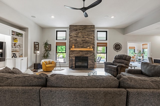 4203 Curtis Meadow Dr, Champaign, IL 61822 - living room with ceiling fan, a fireplace, plenty of natural light, and recessed lighting