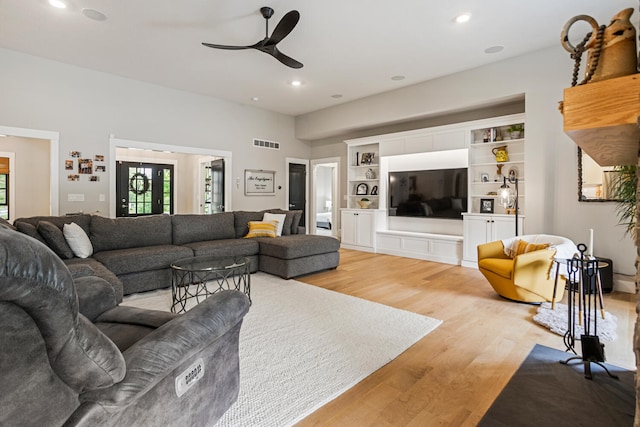 4203 Curtis Meadow Dr, Champaign, IL 61822 - living area featuring light wood-type flooring, a ceiling fan, recessed lighting, and built in features