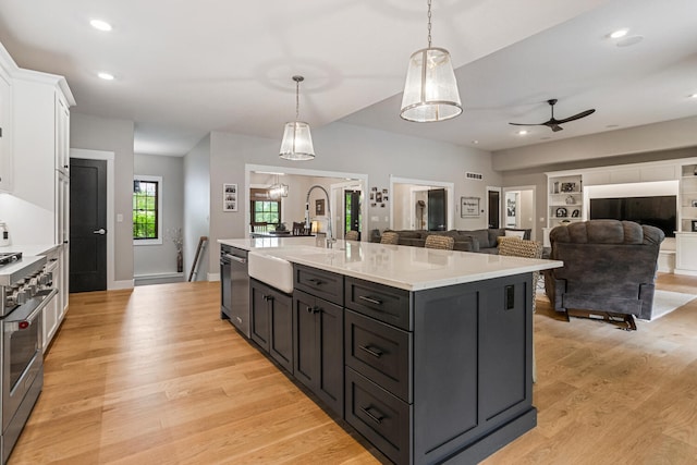 4203 Curtis Meadow Dr, Champaign, IL 61822 - kitchen with stainless steel appliances, white cabinetry, ceiling fan, light countertops, and light wood-style flooring