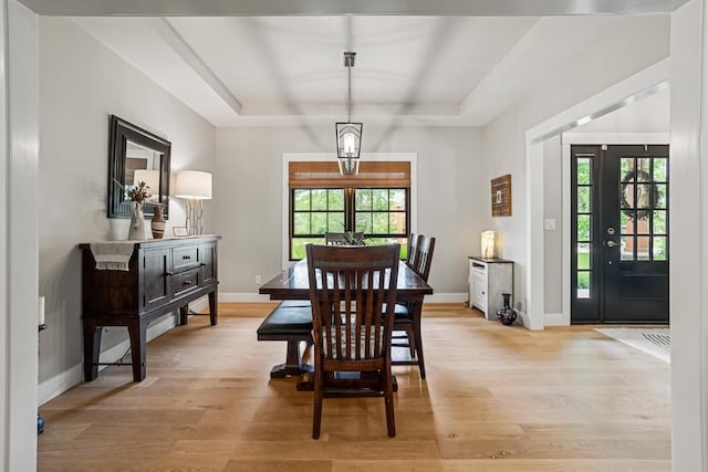 4203 Curtis Meadow Dr, Champaign, IL 61822 - dining area with a tray ceiling, plenty of natural light, and light wood-type flooring
