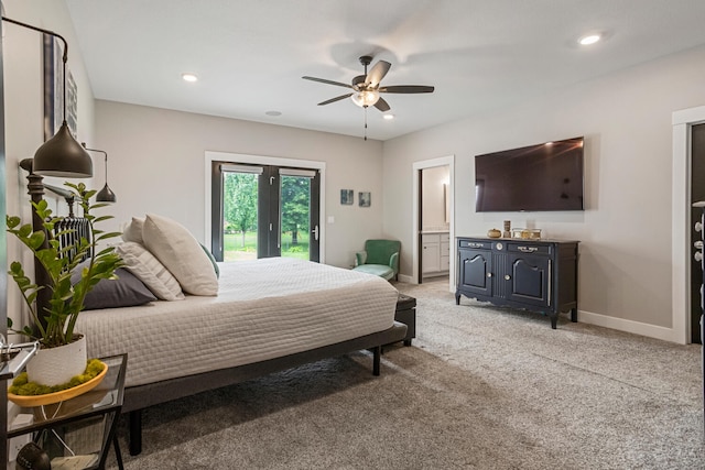 4203 Curtis Meadow Dr, Champaign, IL 61822 - bedroom featuring access to exterior, light colored carpet, recessed lighting, ceiling fan, and ensuite bathroom