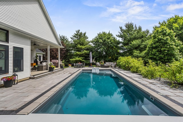 4203 Curtis Meadow Dr, Champaign, IL 61822 - outdoor pool featuring an outdoor living space, a patio area, view of scattered trees, and ceiling fan
