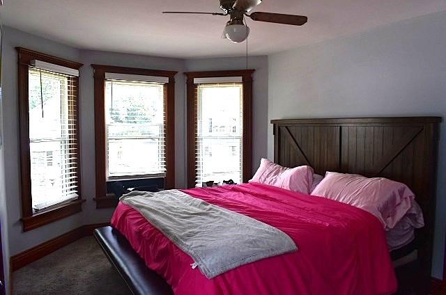 1207 4th Ave, Sterling, IL 61081 - bedroom with multiple windows, baseboards, carpet, and ceiling fan