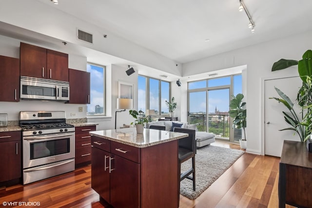 230 W Division St Unit 1208, Chicago, IL 60610 - kitchen with stainless steel appliances, a breakfast bar area, wood finished floors, a kitchen island, and open floor plan