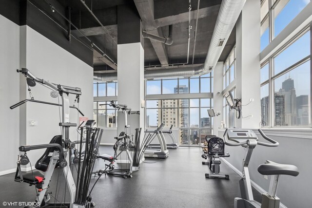 230 W Division St Unit 1208, Chicago, IL 60610 - exercise room featuring a skyline view, a towering ceiling, and baseboards