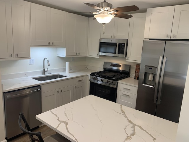 245 Park Ln Unit 208, Palatine, IL 60074 - kitchen with appliances with stainless steel finishes, a sink, a ceiling fan, white cabinets, and light stone countertops