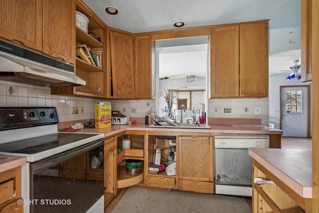 562 Byrd Rd, Riverside, IL 60546 - kitchen featuring electric stove, white dishwasher, open shelves, under cabinet range hood, and backsplash