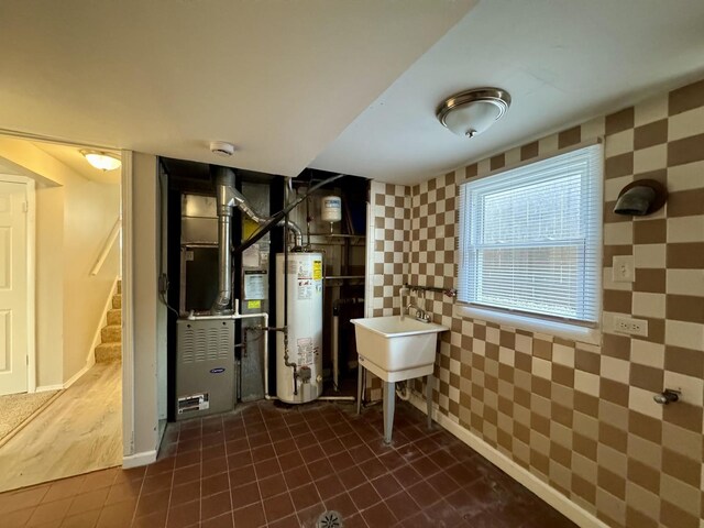 4230 Barry Ln, Oak Forest, IL 60452 - utility room with water heater, heating unit, and a sink