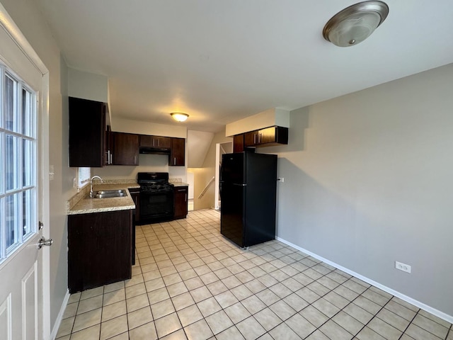 4230 Barry Ln, Oak Forest, IL 60452 - kitchen with black appliances, dark brown cabinetry, a sink, baseboards, and light tile patterned floors