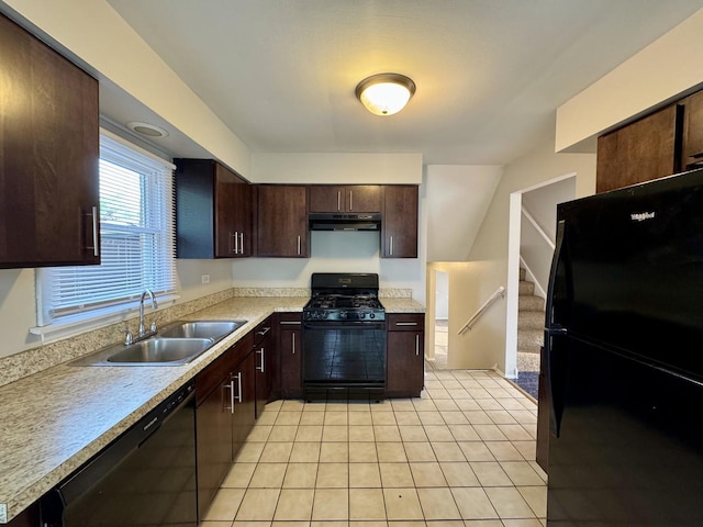 4230 Barry Ln, Oak Forest, IL 60452 - kitchen featuring black appliances, a sink, under cabinet range hood, dark brown cabinets, and light countertops