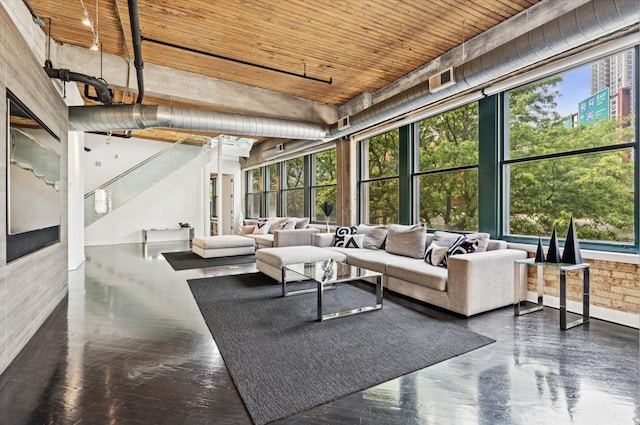 411 W Ontario St Unit 201-302, Chicago, IL 60654 - living area featuring wooden ceiling, baseboards, and stairway