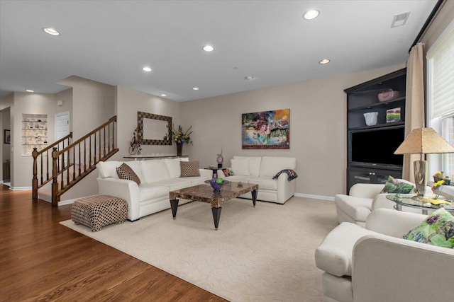 2140 Washington Dr, Northbrook, IL 60062 - living room with stairway, recessed lighting, baseboards, and wood finished floors