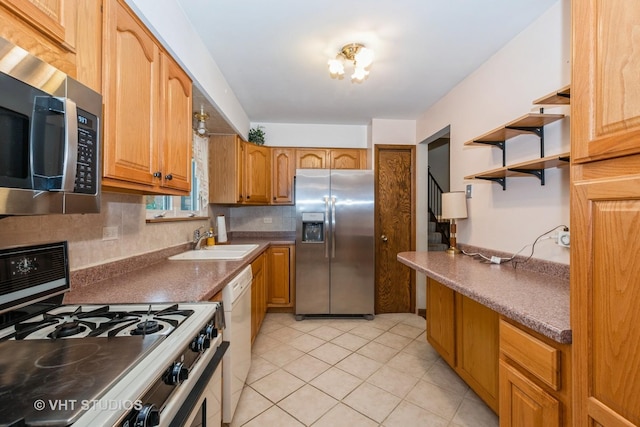 9335 Odell Ave, Bridgeview, IL 60455 - kitchen featuring stainless steel appliances, decorative backsplash, light tile patterned floors, open shelves, and brown cabinetry