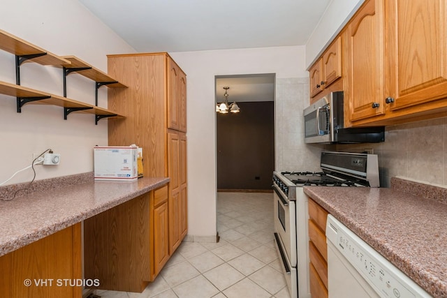 9335 Odell Ave, Bridgeview, IL 60455 - kitchen featuring white appliances, light tile patterned floors, decorative backsplash, a chandelier, and open shelves