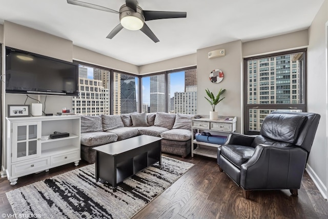 30 E Huron St Unit 3109, Chicago, IL 60611 - living room with a city view, dark wood-style flooring, plenty of natural light, and a ceiling fan