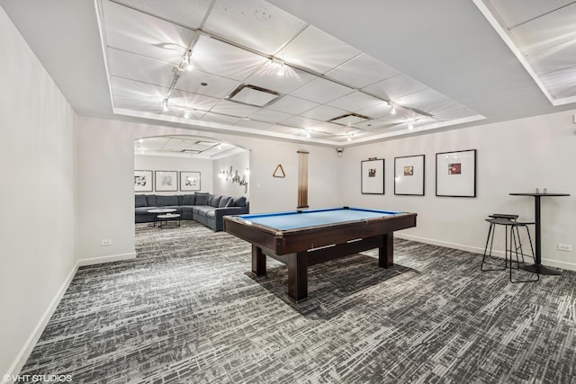 30 E Huron St Unit 3109, Chicago, IL 60611 - recreation room with carpet flooring, baseboards, arched walkways, billiards, and track lighting