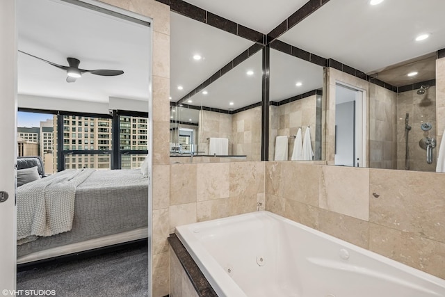 30 E Huron St Unit 3109, Chicago, IL 60611 - ensuite bathroom with a jetted tub, recessed lighting, a tile shower, and a ceiling fan