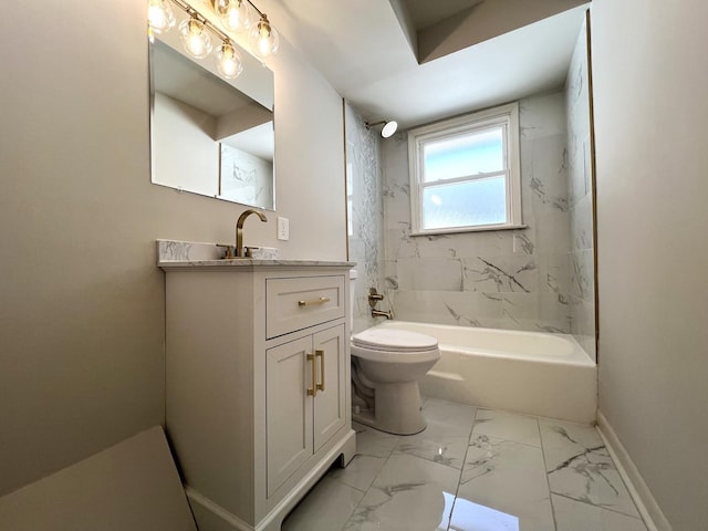 14425 Sanderson Ave, Dolton, IL 60419 - full bath featuring toilet, vanity, baseboards, shower / bathtub combination, and marble finish flooring