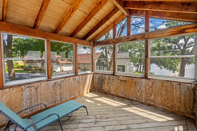 5110 W Lake Shore Dr, Wonder Lake, IL 60097 - unfurnished sunroom featuring healthy amount of natural light, wood walls, hardwood / wood-style flooring, a deck, and wooden ceiling