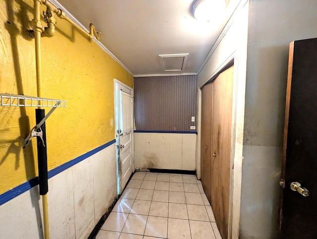 451 Tahoe St, Park Forest, IL 60466 - hall with attic access, light tile patterned floors, wooden walls, and crown molding