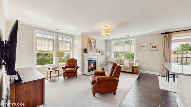8 E Kennedy Ln Unit 302, Hinsdale, IL 60521 - living area with a glass covered fireplace, dark wood-style flooring, and ornamental molding