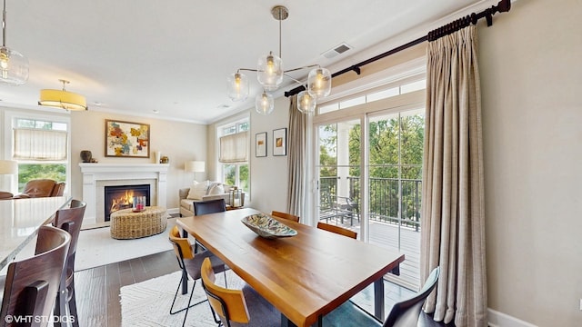 8 E Kennedy Ln Unit 302, Hinsdale, IL 60521 - dining area featuring plenty of natural light, a warm lit fireplace, and dark wood-style floors