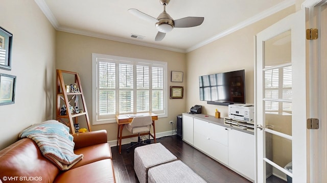 8 E Kennedy Ln Unit 302, Hinsdale, IL 60521 - living room with ornamental molding, a ceiling fan, an office area, and dark wood-style floors