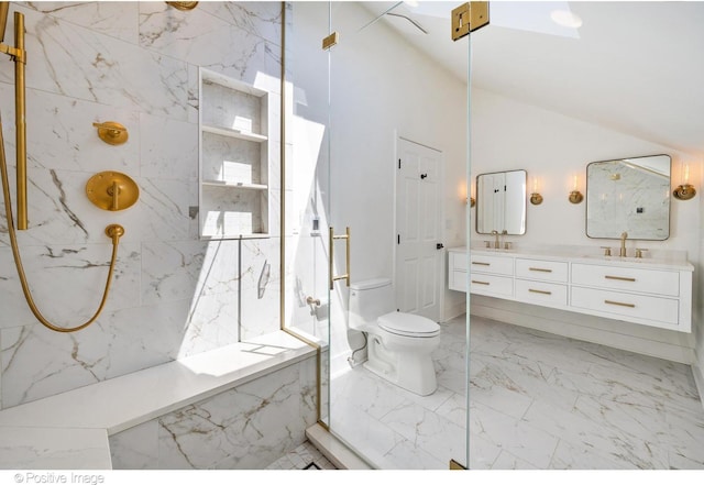 912 W Barry Ave Unit 3, Chicago, IL 60657 - full bath featuring marble tiled flooring, toilet, double vanity, a marble finish shower, and vaulted ceiling