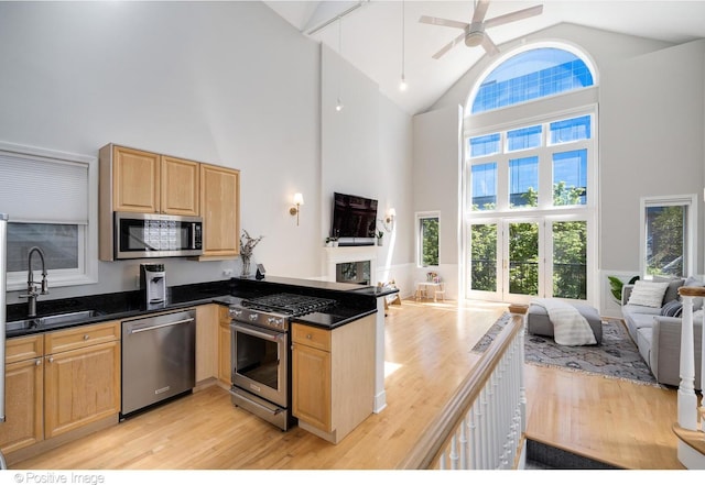 912 W Barry Ave Unit 3, Chicago, IL 60657 - kitchen featuring appliances with stainless steel finishes, open floor plan, a sink, high vaulted ceiling, and light wood finished floors