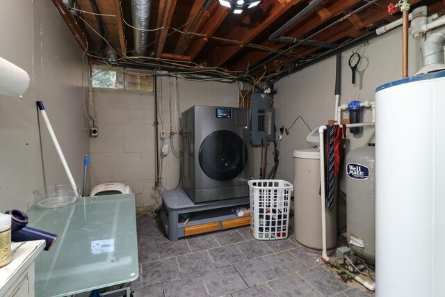 4649 Circle Dr, Heyworth, IL 61745 - basement featuring water heater, electric panel, washer / clothes dryer, and a water softener system