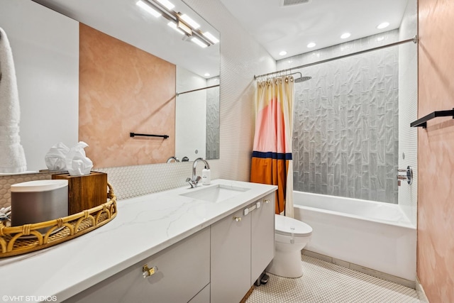 1233 N Paulina St Unit 3N, Chicago, IL 60622 - bathroom featuring vanity, toilet, shower / bath combo, tile patterned flooring, and recessed lighting
