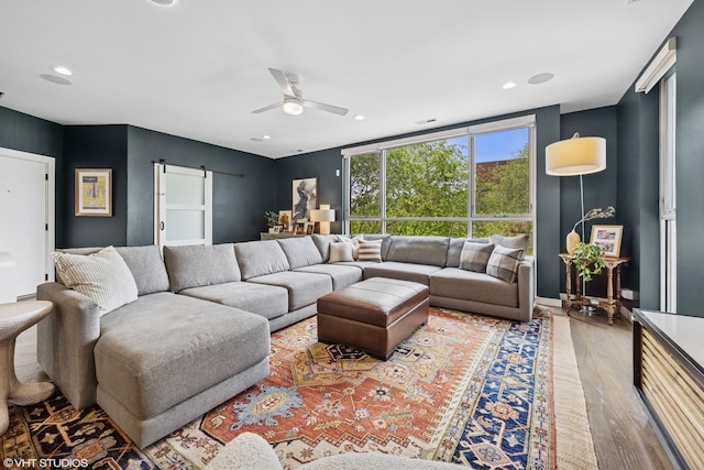 1233 N Paulina St Unit 3N, Chicago, IL 60622 - living area featuring wood finished floors, a ceiling fan, recessed lighting, a barn door, and baseboards