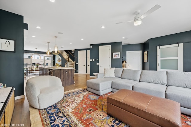 1233 N Paulina St Unit 3N, Chicago, IL 60622 - living area with light wood-style floors, stairway, a ceiling fan, recessed lighting, and baseboards