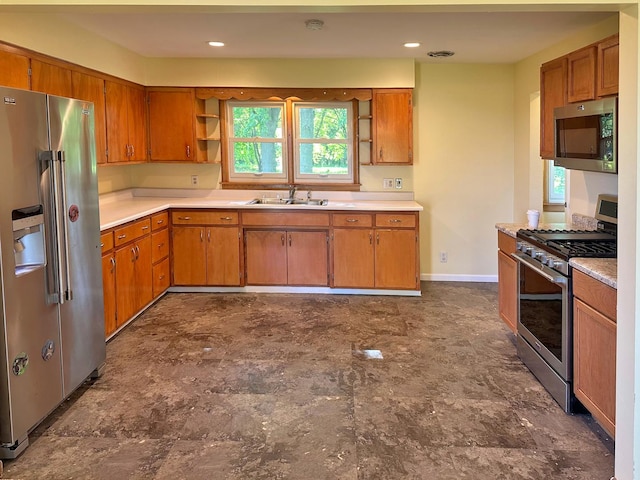 241 N Somonauk Rd, Cortland, IL 60112 - kitchen featuring appliances with stainless steel finishes, open shelves, a sink, and light countertops