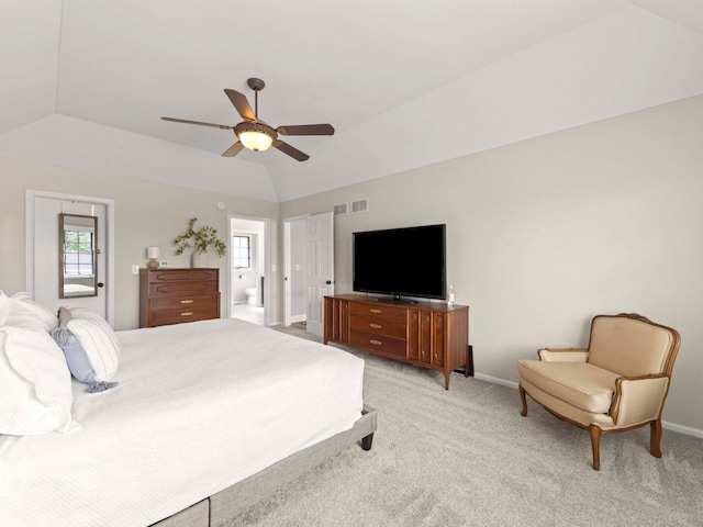 18210 W Winds Ln, Orland Park, IL 60467 - bedroom with baseboards, light carpet, lofted ceiling, and ensuite bathroom