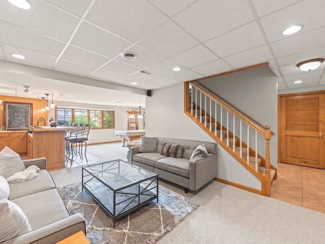 18210 W Winds Ln, Orland Park, IL 60467 - living room with light colored carpet, baseboards, stairs, a drop ceiling, and recessed lighting