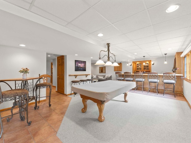 18210 W Winds Ln, Orland Park, IL 60467 - recreation room with a drop ceiling, recessed lighting, billiards, light tile patterned flooring, and bar