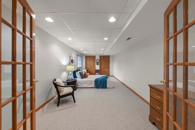 18210 W Winds Ln, Orland Park, IL 60467 - carpeted bedroom with french doors, baseboards, recessed lighting, and a drop ceiling