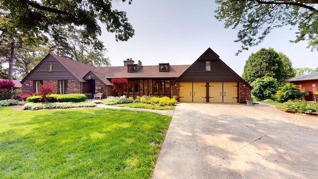209 Viola Ln, Prospect Heights, IL 60070 - view of front facade featuring a garage, a front lawn, a chimney, driveway, and brick siding