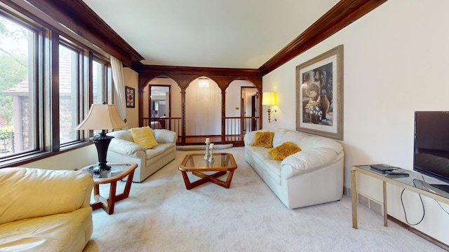 209 Viola Ln, Prospect Heights, IL 60070 - living room with carpet, ornamental molding, and arched walkways
